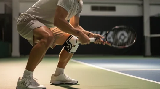 Joueur de tennis en action sur court indoor avec focus sur la technique de protection articulaire
