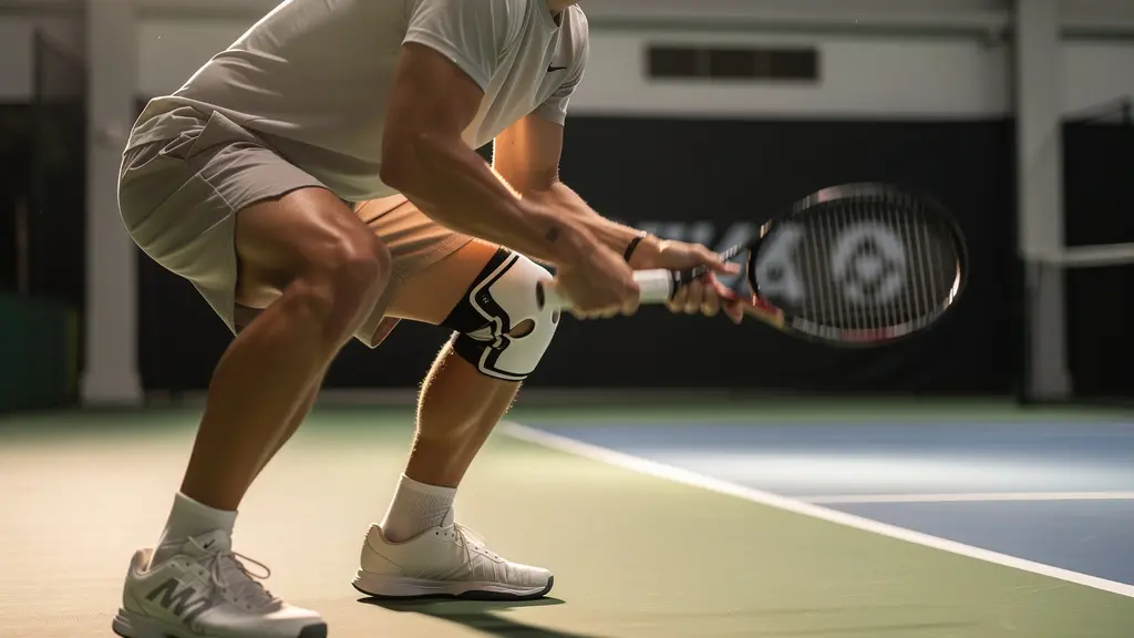 Joueur de tennis en action sur court indoor avec focus sur la technique de protection articulaire