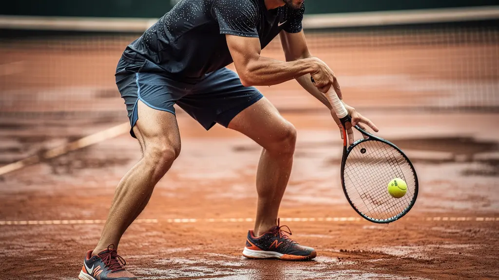 Joueur de tennis en position basse ajustant sa frappe sur terre battue humide, portant des vêtements techniques légers