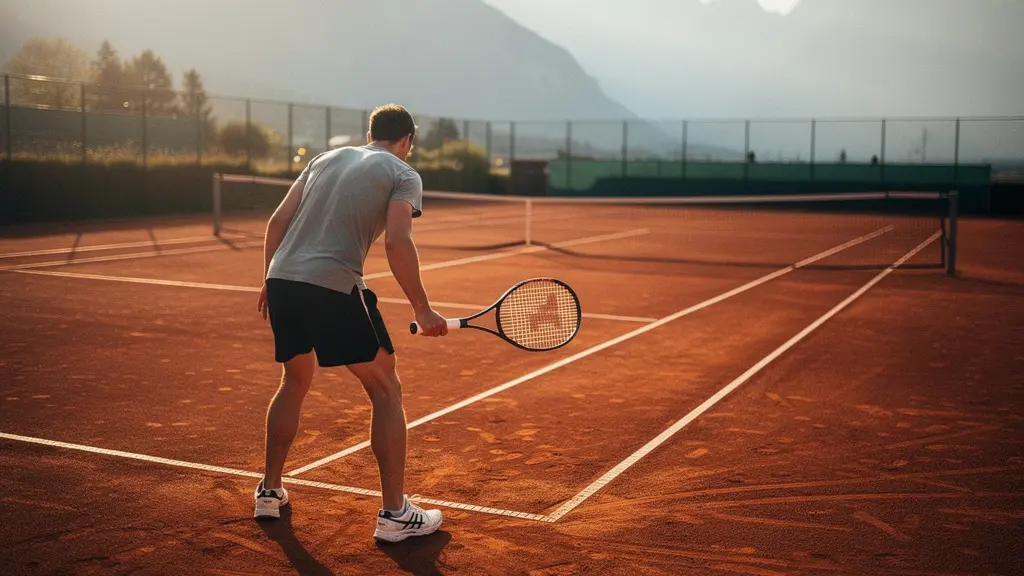 Joueur de tennis concentré avant son premier match officiel, respirant profondément sur le court
