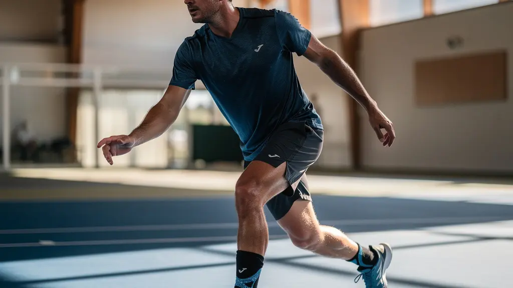 Joueur de tennis en phase de réathlétisation sur un court intérieur, travaillant son jeu de jambes