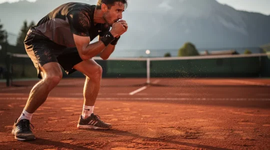 Joueur de tennis en plein effort au troisième set sur terre battue, visage concentré, sueur visible, posture athlétique en fin de frappe