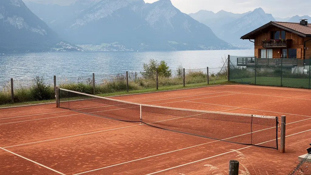 Court de tennis extérieur avec trajectoire haute de balle liftée visible dans l'environnement venté du lac Léman