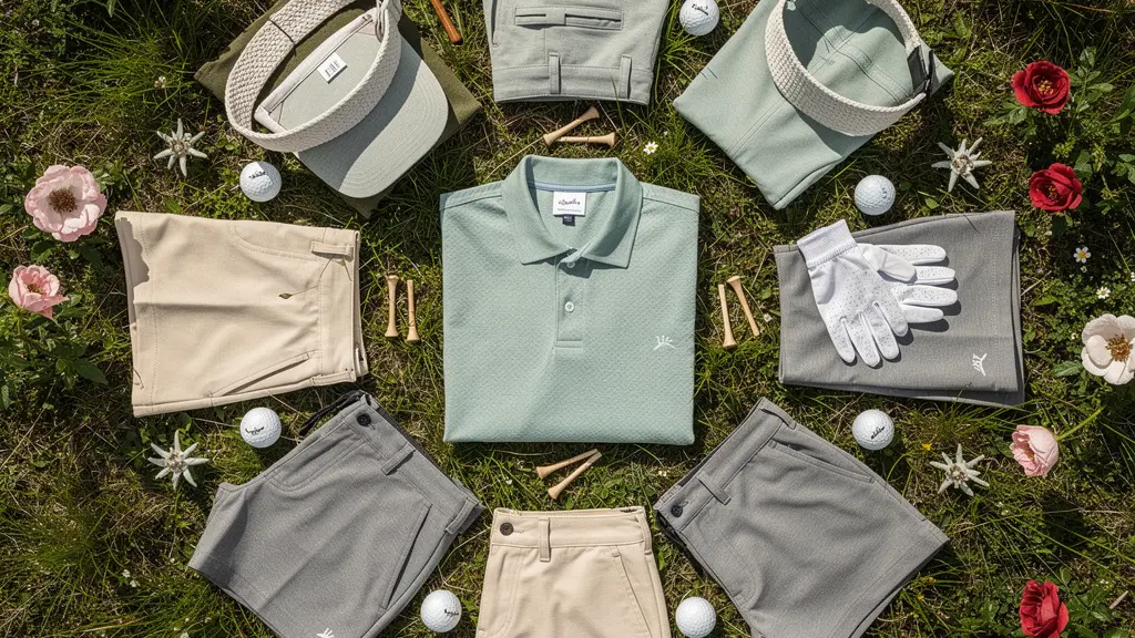 Composition minimaliste de vêtements de golf durables dans un environnement naturel suisse