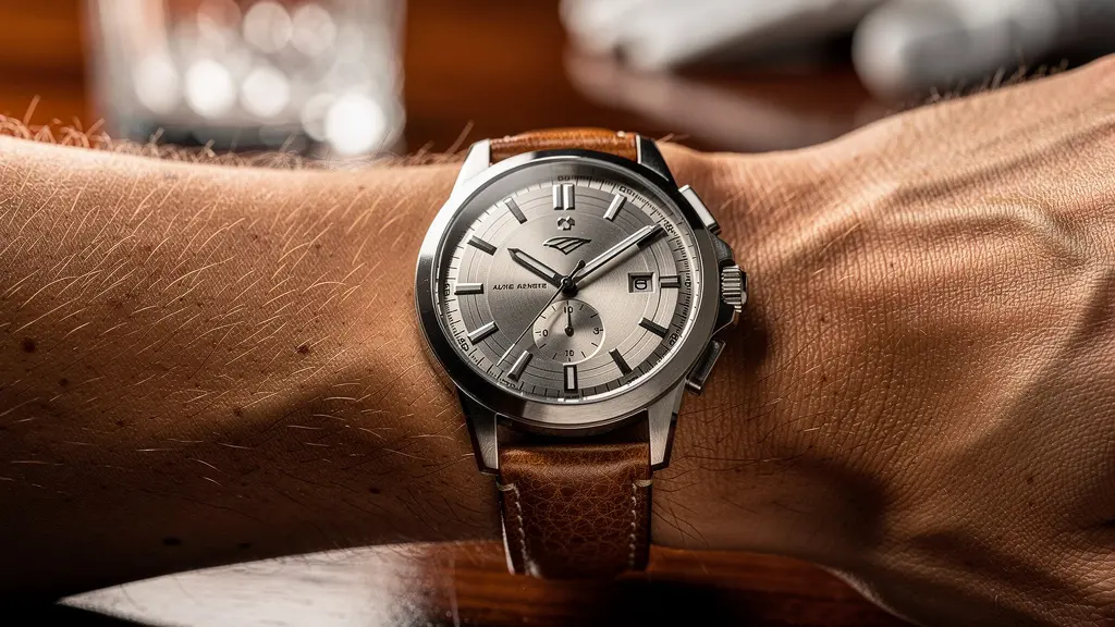 Gros plan sur une montre suisse de luxe au poignet d'un golfeur dans un club-house