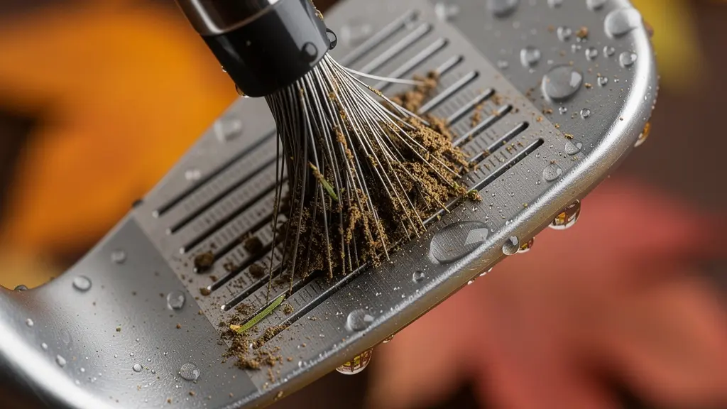 Kit de nettoyage pour wedges avec brosse métallique et serviette microfibre sur fond automnal