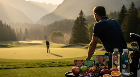 Golfeur examinant une sélection de collations énergétiques et boissons isotoniques sur un parcours de golf suisse ensoleillé