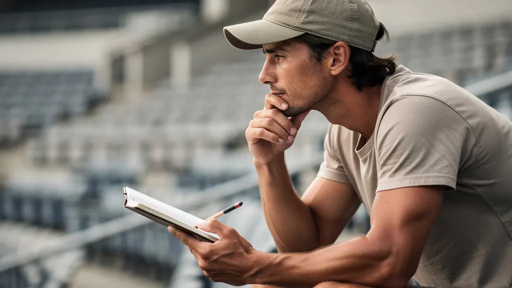 Joueur de tennis prenant des notes tactiques en observant un match depuis les tribunes