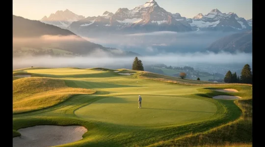 Vue aérienne spectaculaire d'un parcours de golf suisse avec les Alpes enneigées en arrière-plan et un green parfaitement entretenu au premier plan