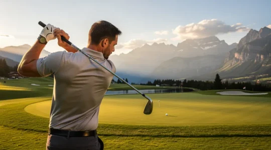 Polo de golf technique porté par un golfeur en plein swing sur un parcours suisse prestigieux