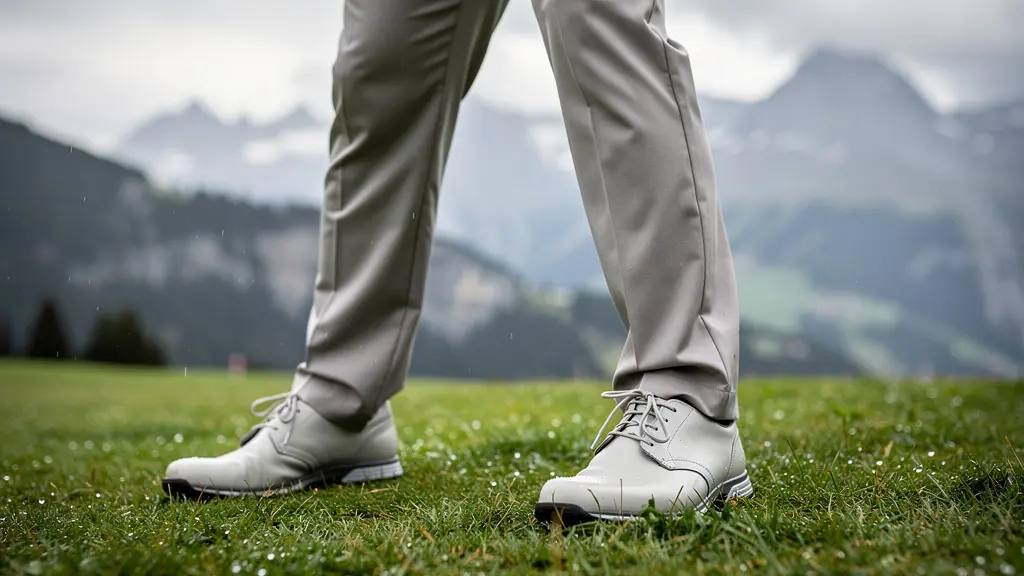 Position de stance élargie du golfeur sur terrain humide avec répartition du poids visible