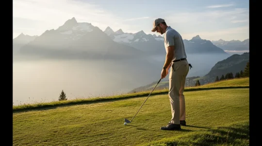 Golfeur ajustant sa posture sur un parcours vallonné avec vue sur les Alpes suisses