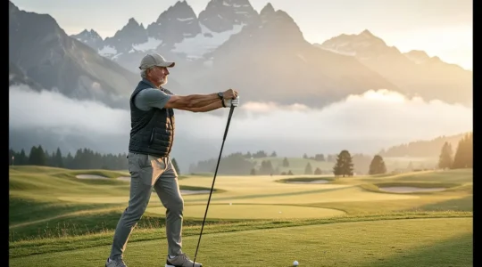 Golfeur senior pratiquant des exercices d'échauffement sur un parcours alpin suisse au lever du soleil