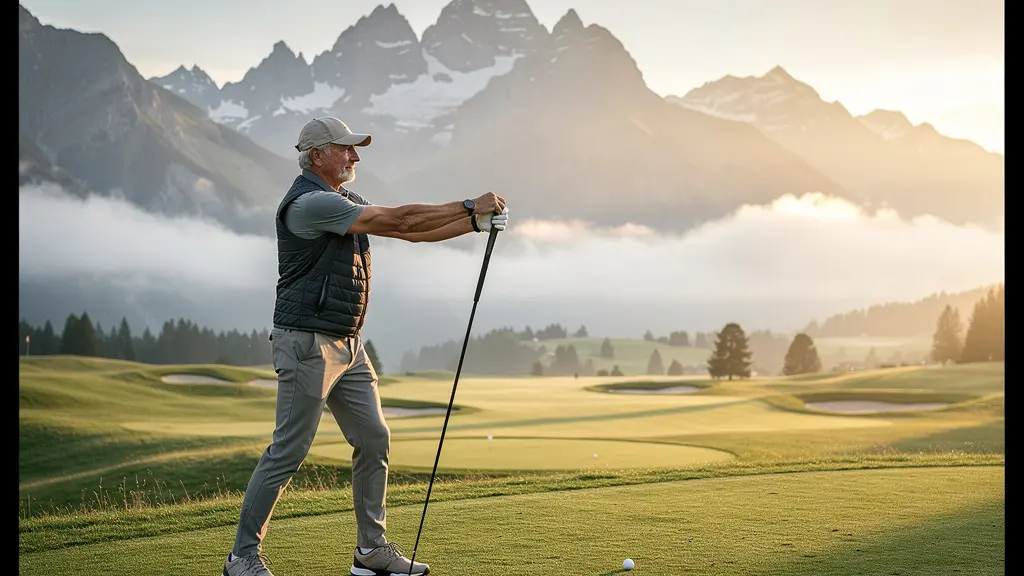 Golfeur senior pratiquant des exercices d'échauffement sur un parcours alpin suisse au lever du soleil