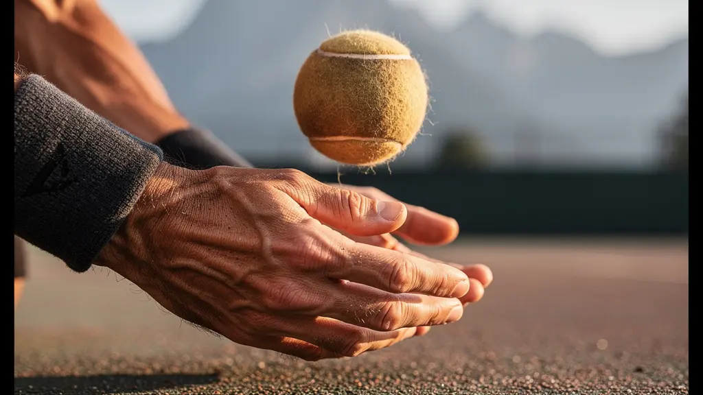 Vue macro sur les mains d'un joueur effectuant ses rebonds rituels avant le service