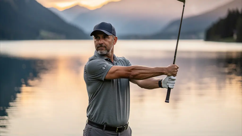 Golfeur effectuant des étirements de récupération au bord d'un lac alpin suisse