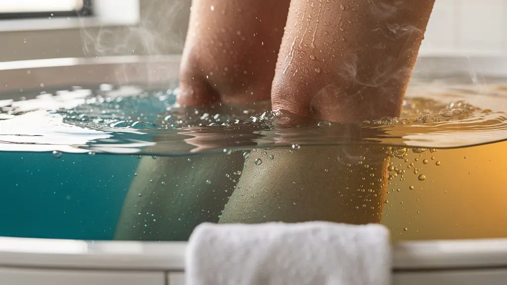 Gros plan sur les jambes d'un joueur dans un bain de contraste, vapeur d'eau visible, serviette sur le bord