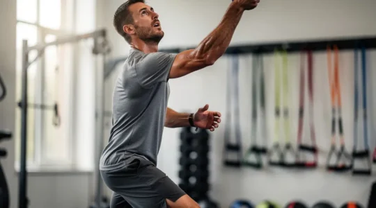 Joueur de tennis en position de service montrant les groupes musculaires sollicités dans un environnement d'entraînement en salle