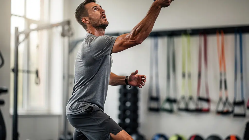 Joueur de tennis en position de service montrant les groupes musculaires sollicités dans un environnement d'entraînement en salle