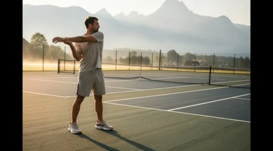 Joueur de tennis étirant ses muscles dans la lumière dorée du matin sur un court