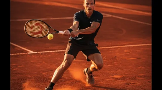 Joueur de tennis en position de revers à deux mains sur court en terre battue avec concentration visible
