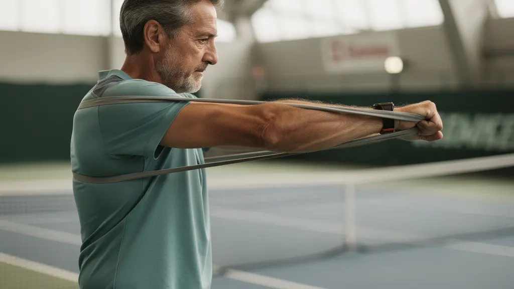 Joueur de tennis effectuant des exercices de prévention avec élastique dans un club de tennis suisse
