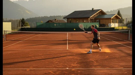 Joueur de tennis en action sur court en terre battue analysant une trajectoire de balle avec des positions tactiques