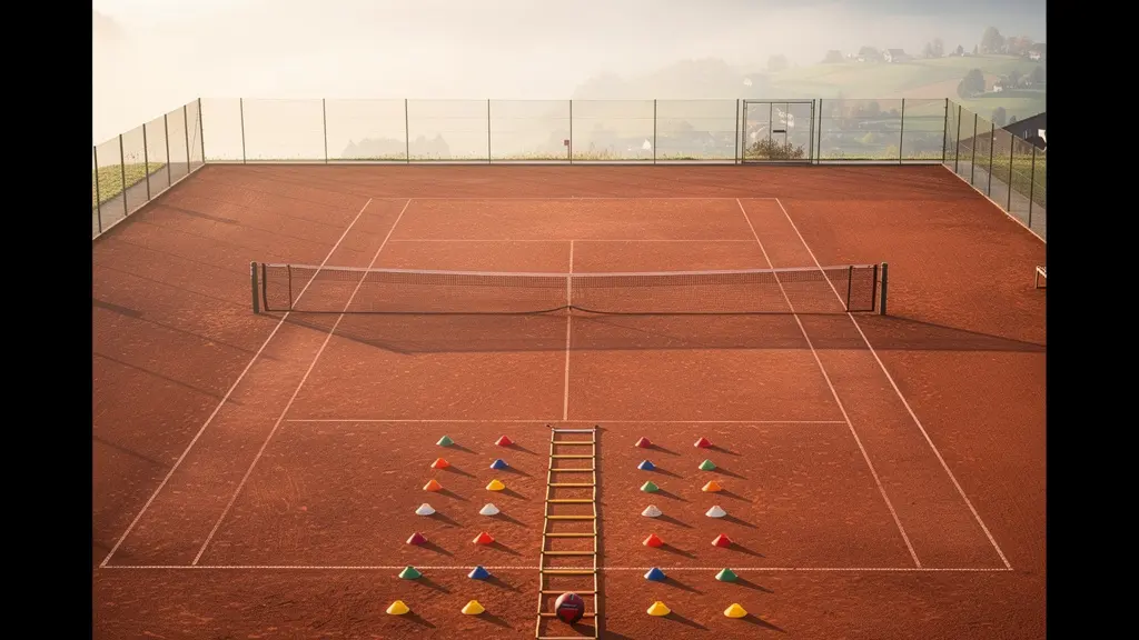 Vue aérienne d'un court de tennis avec des équipements d'entraînement disposés méthodiquement