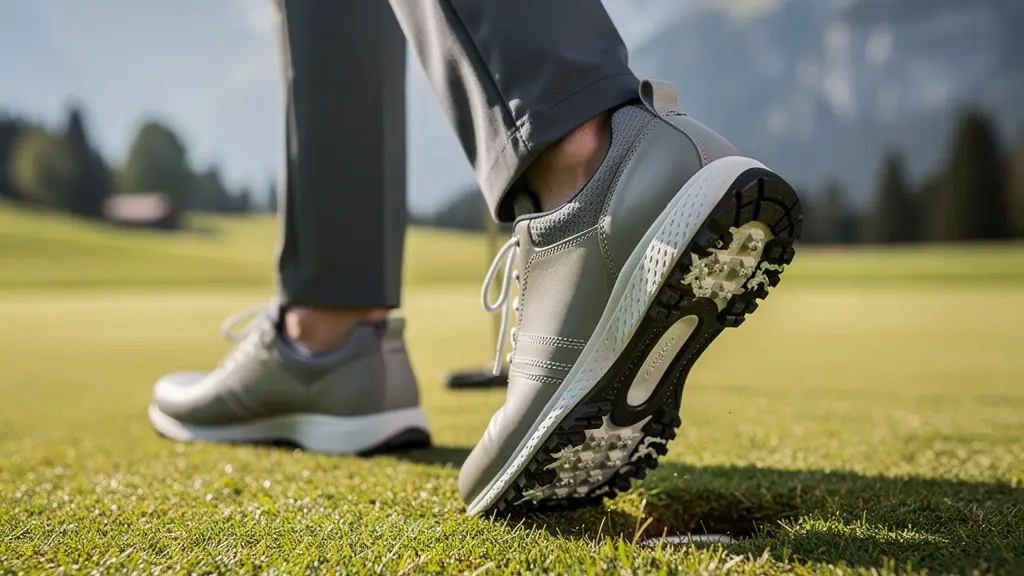 Vue détaillée de la semelle d'une chaussure de golf montrant les zones techniques