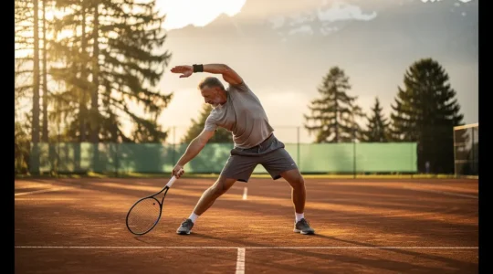 Joueur de tennis senior s'échauffant sur un court en terre battue avec vue sur les montagnes suisses