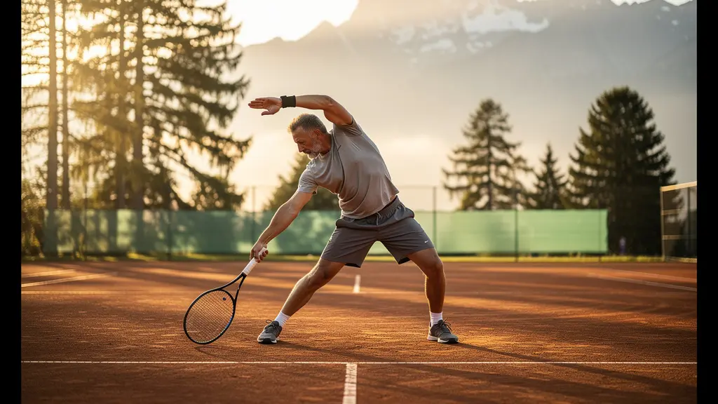Joueur de tennis senior s'échauffant sur un court en terre battue avec vue sur les montagnes suisses