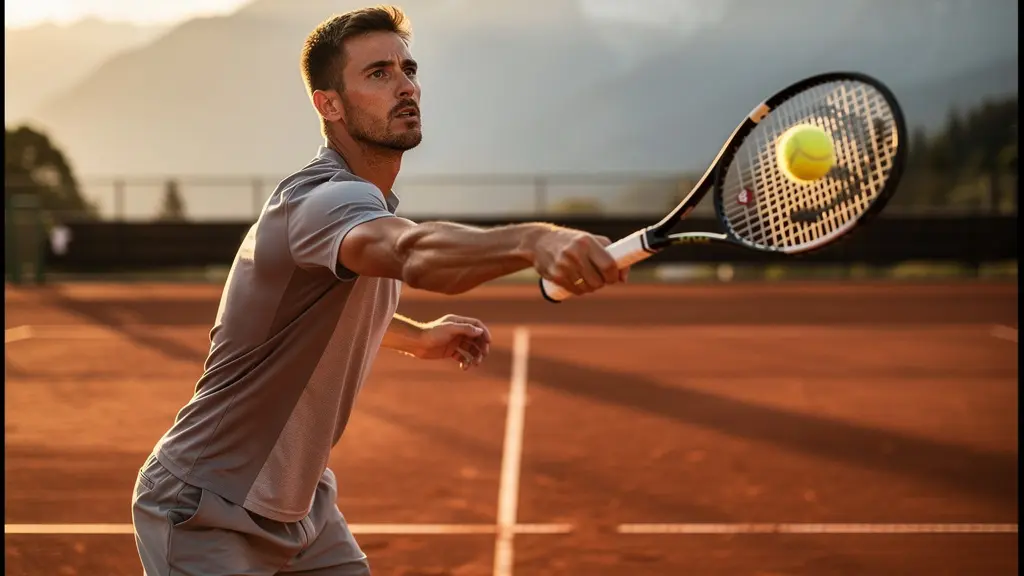 Joueur de tennis en train d'effectuer un service slicé sur court en terre battue