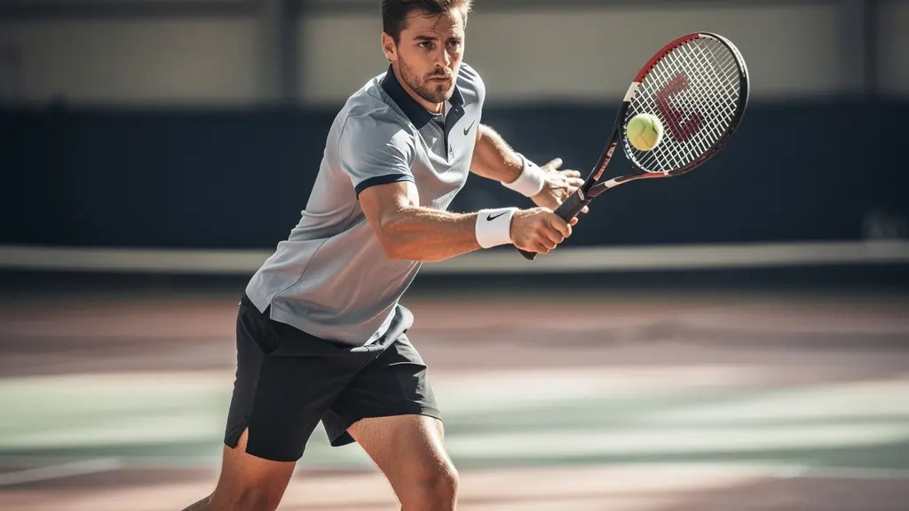 Joueur de tennis en plein mouvement de service-volée sur un court en béton poreux.