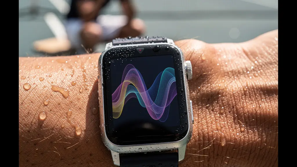 Gros plan sur une montre connectée affichant des données de récupération avec un joueur flou en arrière-plan