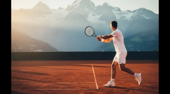 Joueur de tennis en fin de swing avec équilibre parfait sur terre battue
