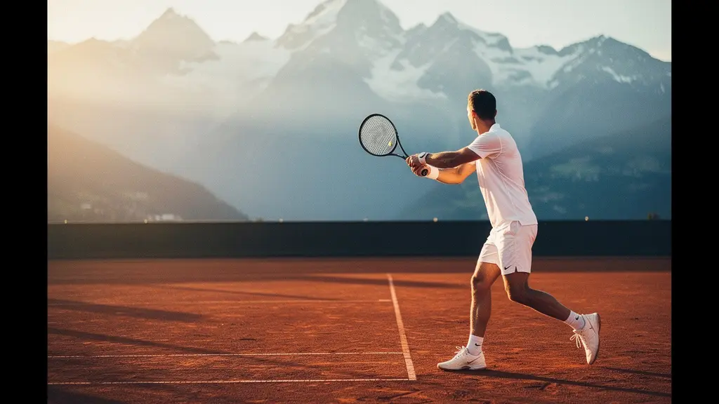 Joueur de tennis en fin de swing avec équilibre parfait sur terre battue