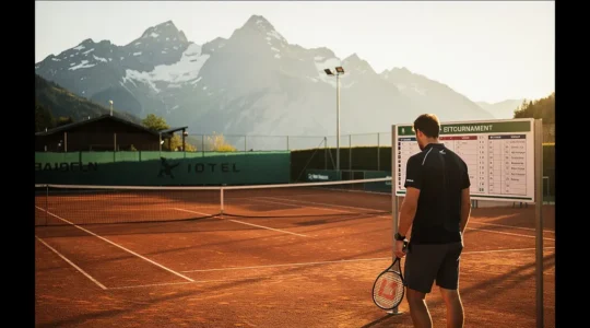 Joueur de tennis analysant stratégiquement un tableau de tournoi sur court en terre battue suisse