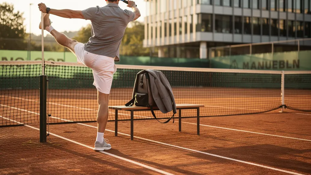 Joueur de tennis amateur en tenue de sport sur court avec sac de bureau en arrière-plan, évoquant l'équilibre entre sport et vie professionnelle