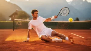 Joueur de tennis effectuant une glissade caractéristique sur terre battue avec la poussière ocre en suspension