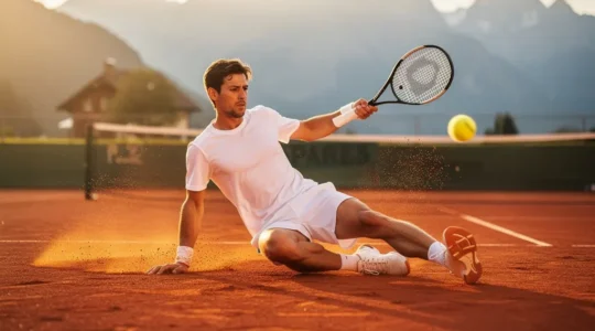 Joueur de tennis effectuant une glissade caractéristique sur terre battue avec la poussière ocre en suspension