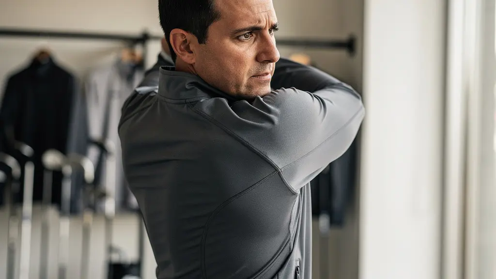 Golfeur testant l'amplitude de mouvement d'une veste technique dans un espace d'essayage