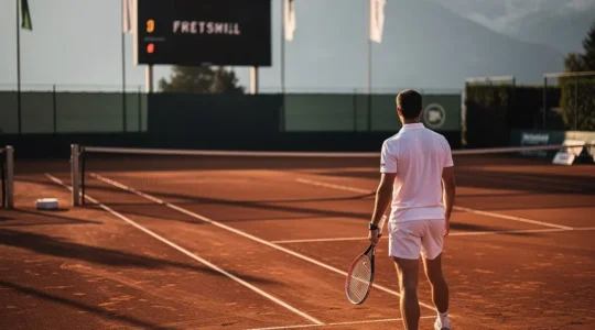 Joueur de tennis seul sur un court en terre battue face à un tableau de tournoi, atmosphère de concentration intense
