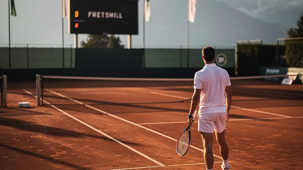 Joueur de tennis seul sur un court en terre battue face à un tableau de tournoi, atmosphère de concentration intense