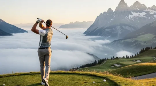 Golfeur dans un décor alpin suisse portant des vêtements techniques innovants par temps variable