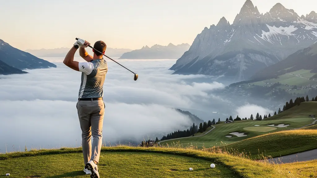 Golfeur dans un décor alpin suisse portant des vêtements techniques innovants par temps variable