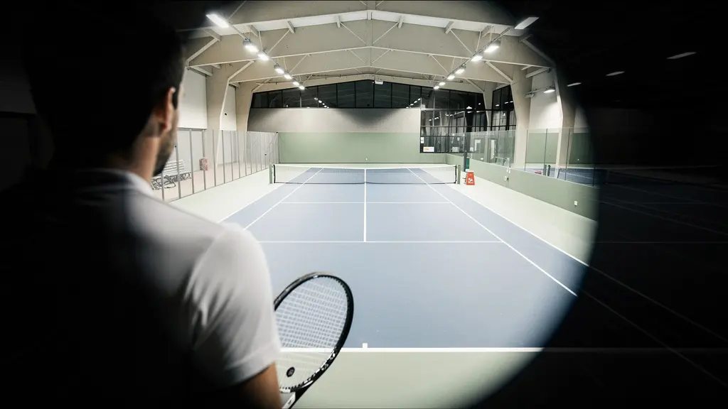 Joueur de tennis vu de dos face au court, perspective subjective montrant le rétrécissement du champ visuel sous fatigue intense