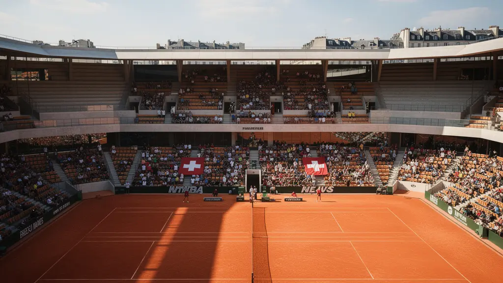 Vue panoramique du court Philippe-Chatrier avec des supporters suisses et leur drapeau dans les gradins ensoleillés